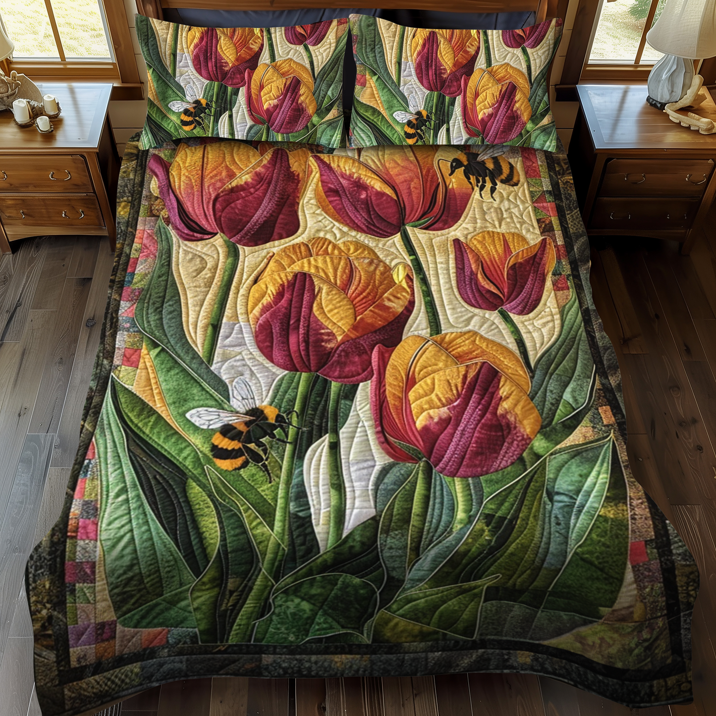 Honeybee Flower Garden 3-Piece Quilted Bedding Set - Single (59" x 70")