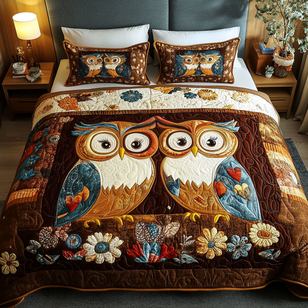 Hooting Hearts 3-Piece Quilted Bedding Set - Single (59" x 70")