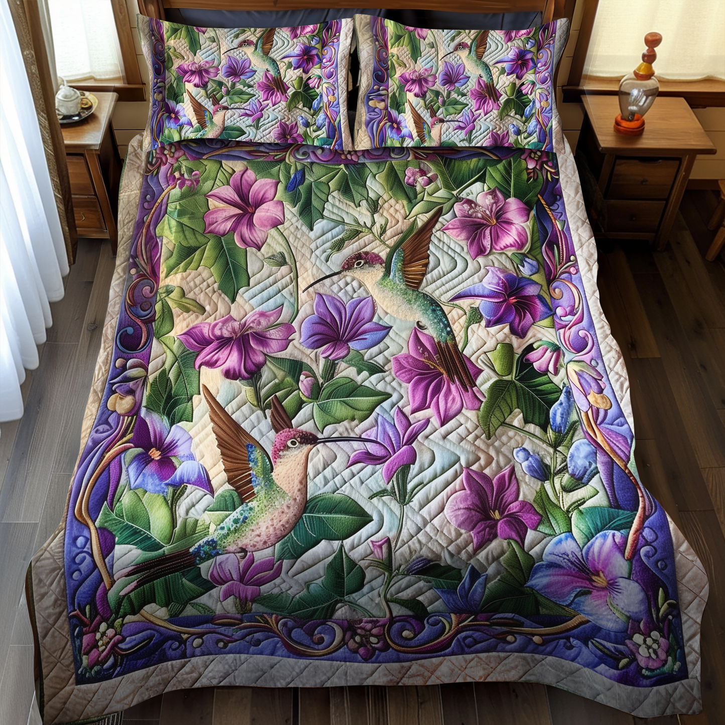 Hummingbird Paradise 3-Piece Quilted Bedding Set - Single (59" x 70")