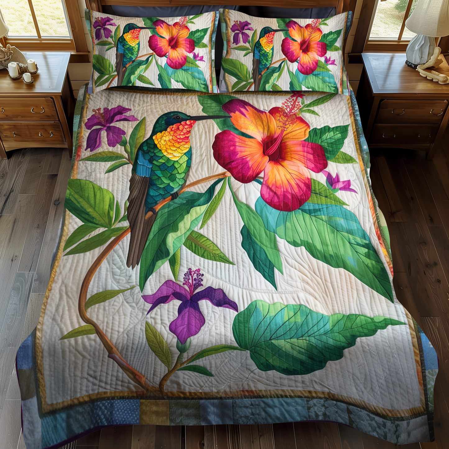 Hummingbird With Tropical Hibiscus 3-Piece Quilted Bedding Set - Single (59" x 70")