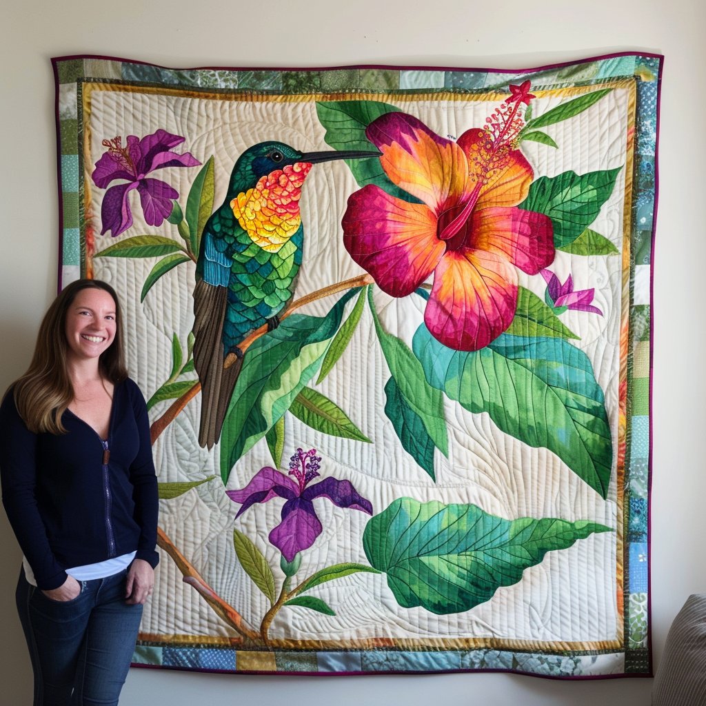 Hummingbird With Tropical Hibiscus Quilted Blanket - Throw (55" x 60")
