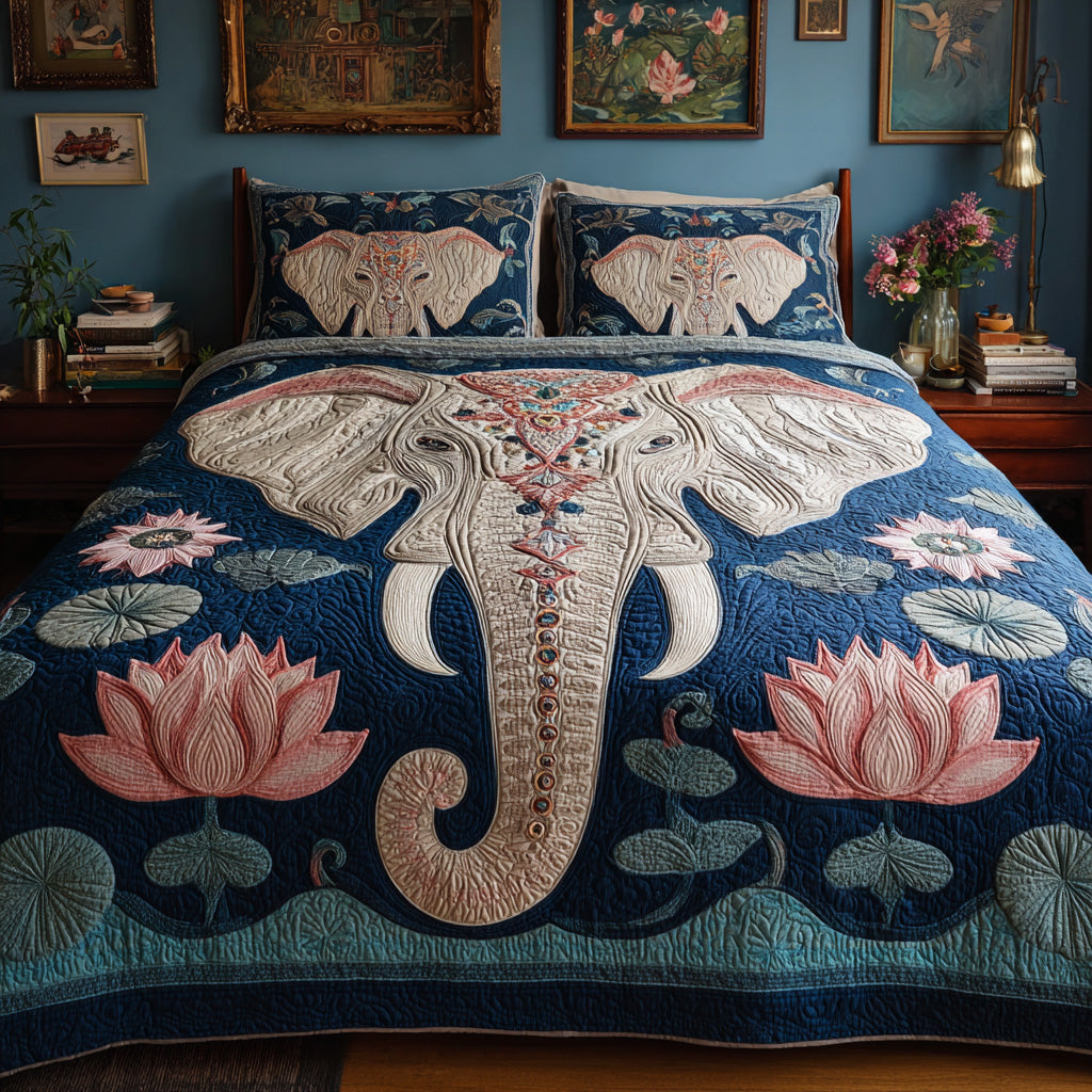 Indigo Lotus Elephant 3-Piece Quilted Bedding Set - Single (59" x 70")