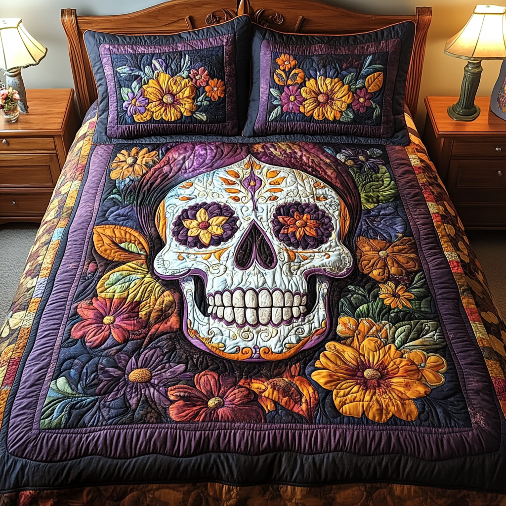 Intricate Skull 3-Piece Quilted Bedding Set - Single (59" x 70")