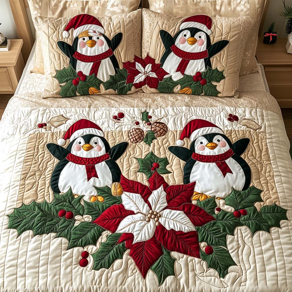 Jolly Penguins 3-Piece Quilted Bedding Set - Single (59" x 70")
