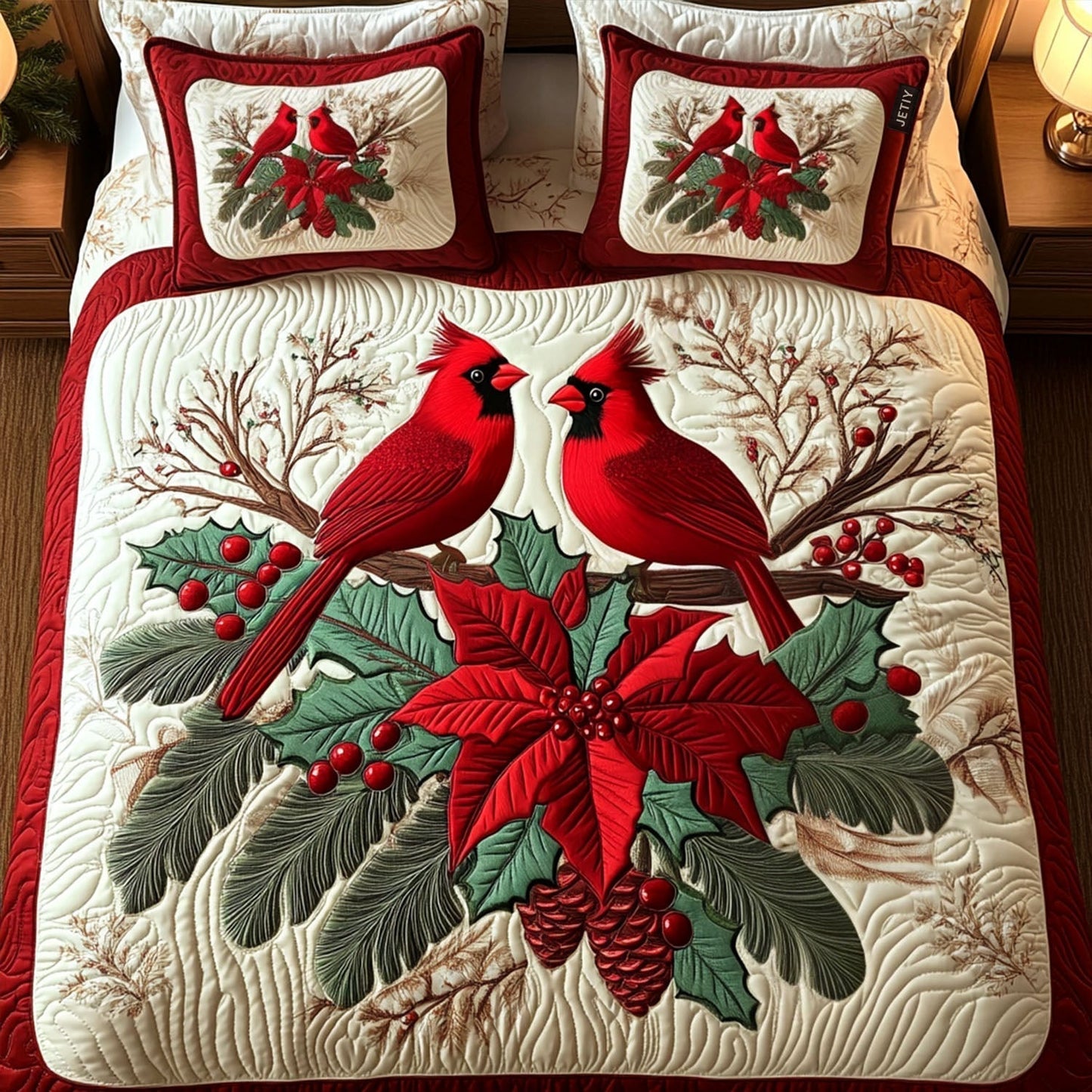 Jolly Cardinals 3-Piece Quilted Bedding Set - Single (59" x 70")