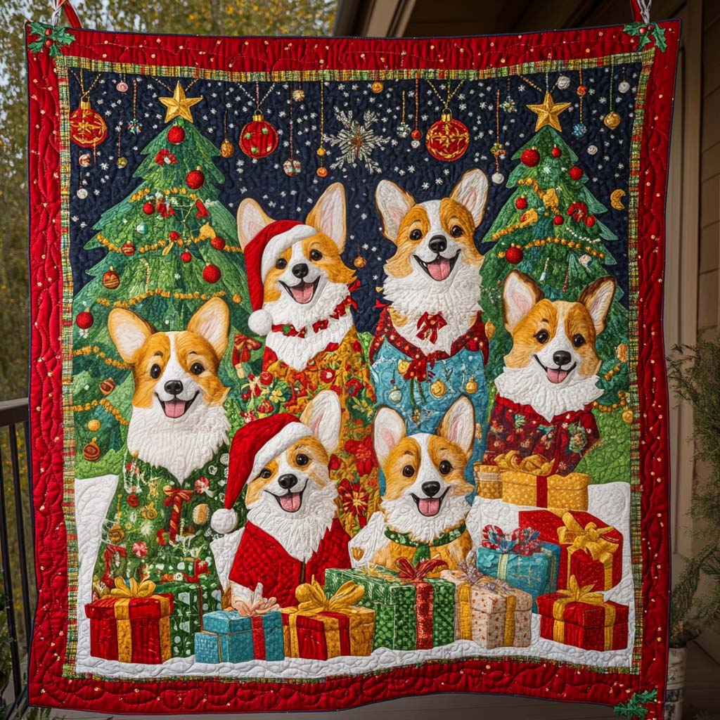 Joyful Corgi Celebration Quilted Blanket - Throw (55" x 60")