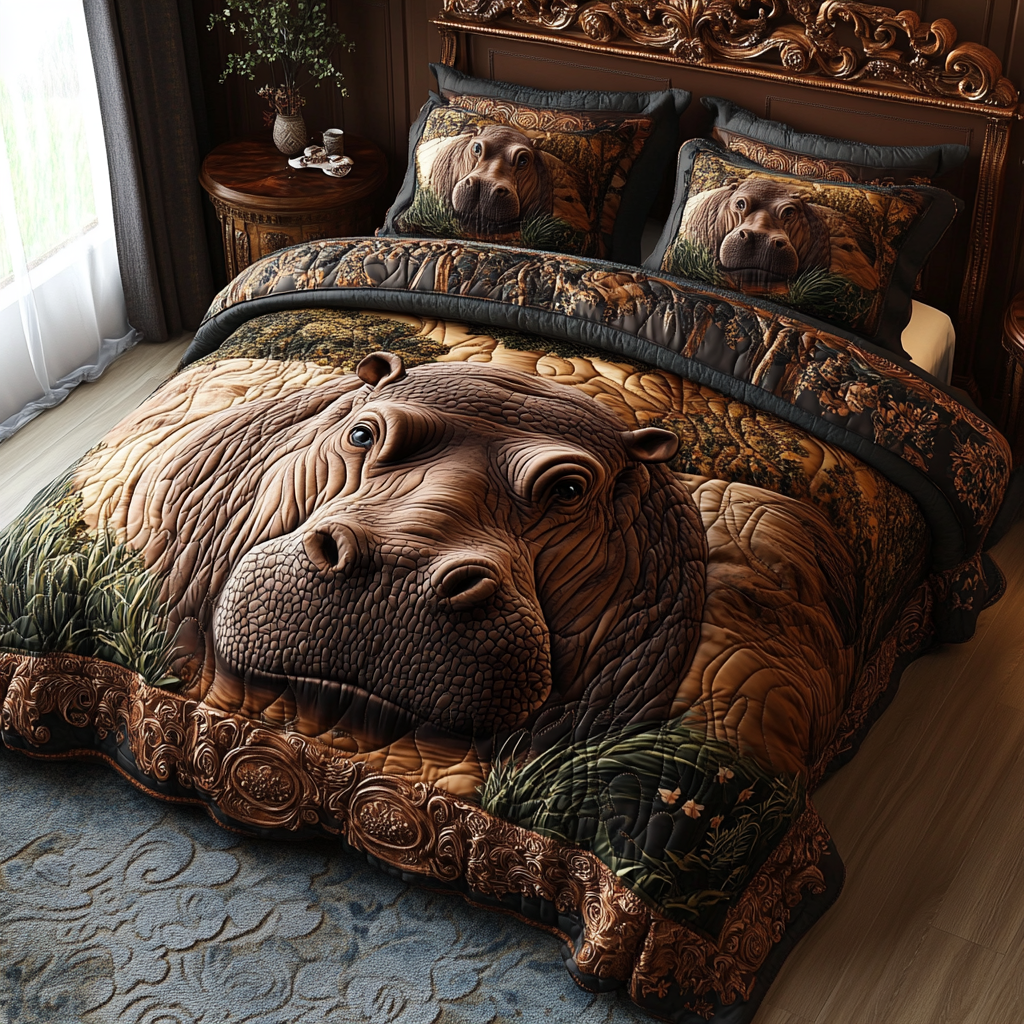 Jungle Hippo Quilted Bedding Set - Single (59" x 70")