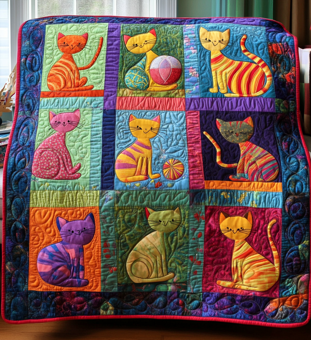 Kaleidoscope Kittens Quilted Blanket - Throw (55" x 60")