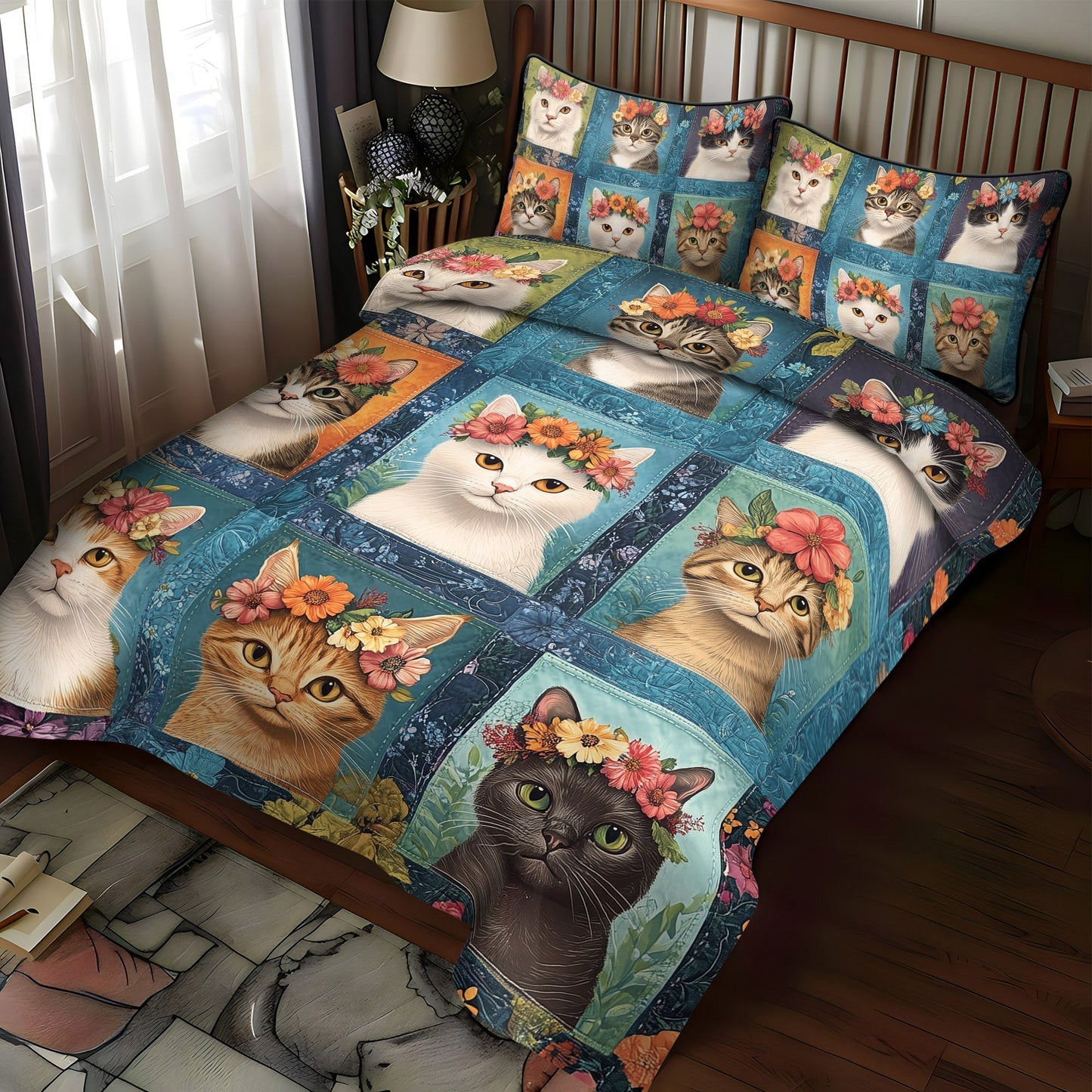 Kittens in Bloom 3-Piece Quilted Bedding Set - Single (59" x 70")