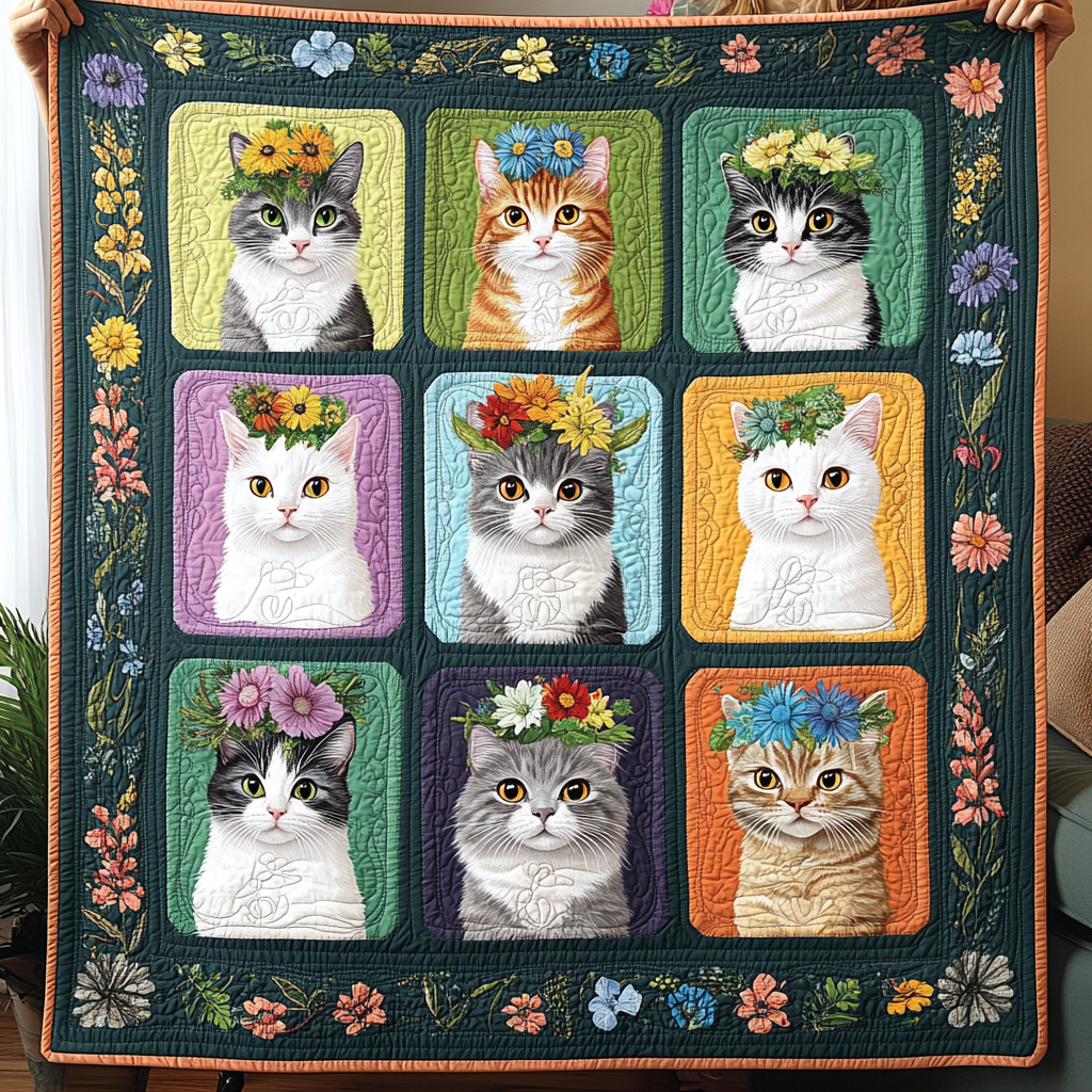 Kittens in Bloom Quilted Blanket - Throw (55" x 60")