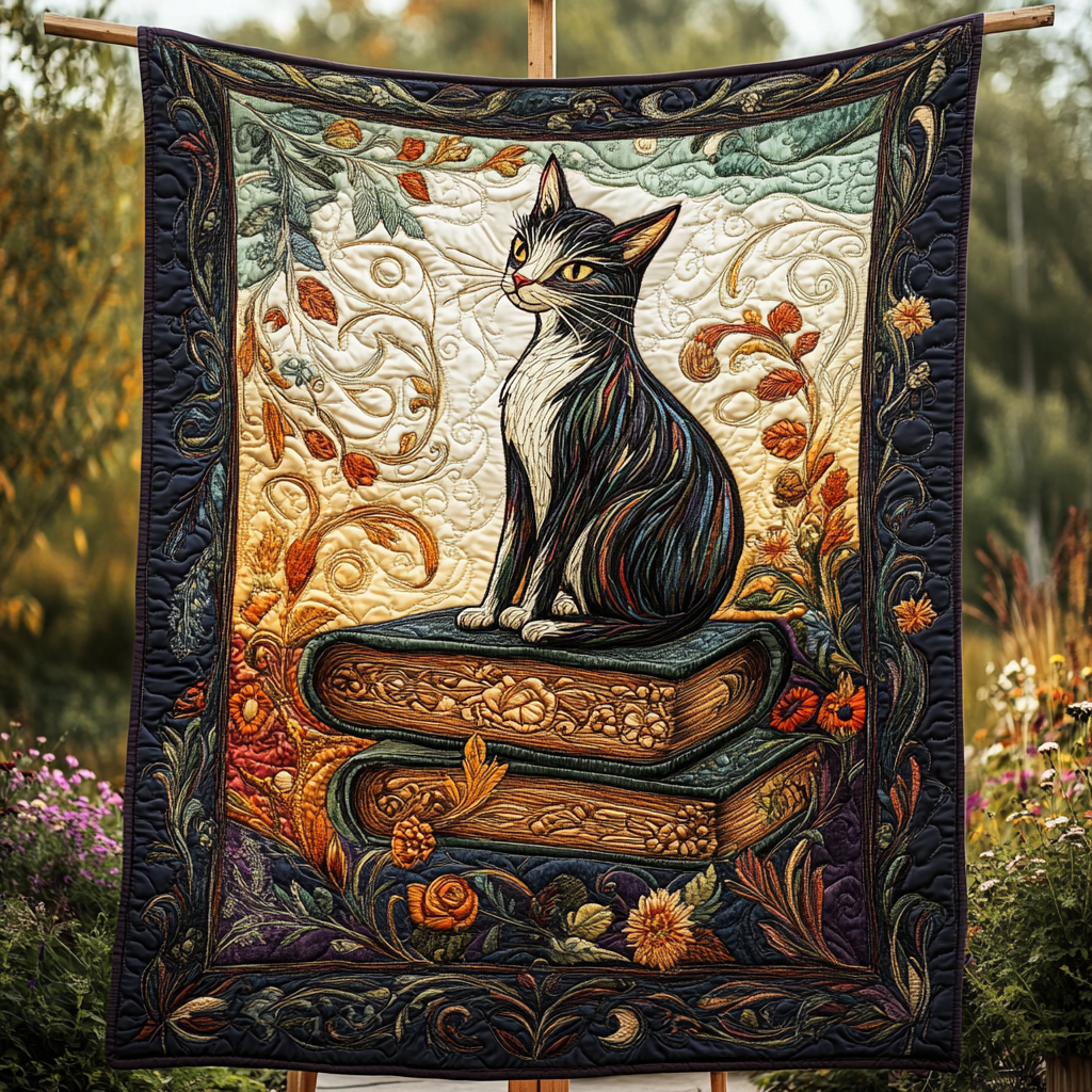 Kitty Book Nook Quilted Blanket - Throw (55" x 60")