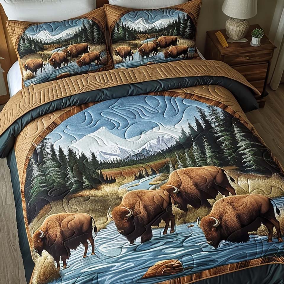 Lakeside Bison Herd 3-Piece Quilted Bedding Set - Single (59" x 70")