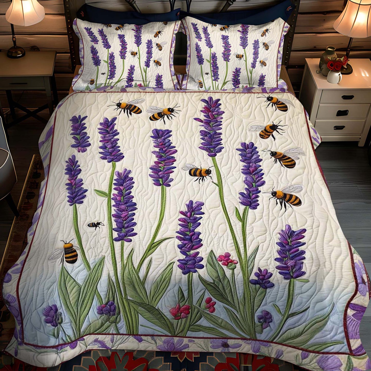Lavender Bees Dance 3-Piece Quilted Bedding Set - Single (59" x 70")