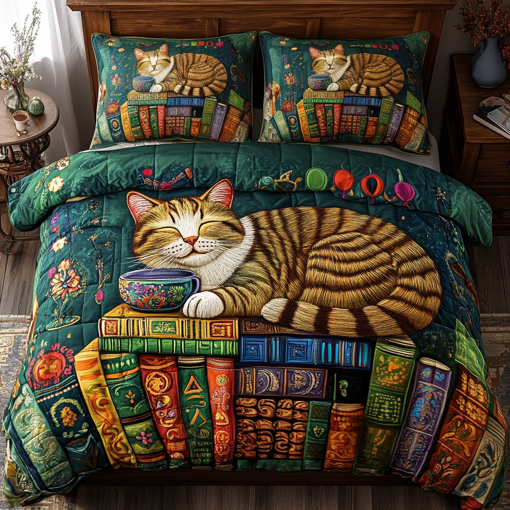 Literary Cat Retreat 3-Piece Quilted Bedding Set - Single (59" x 70")