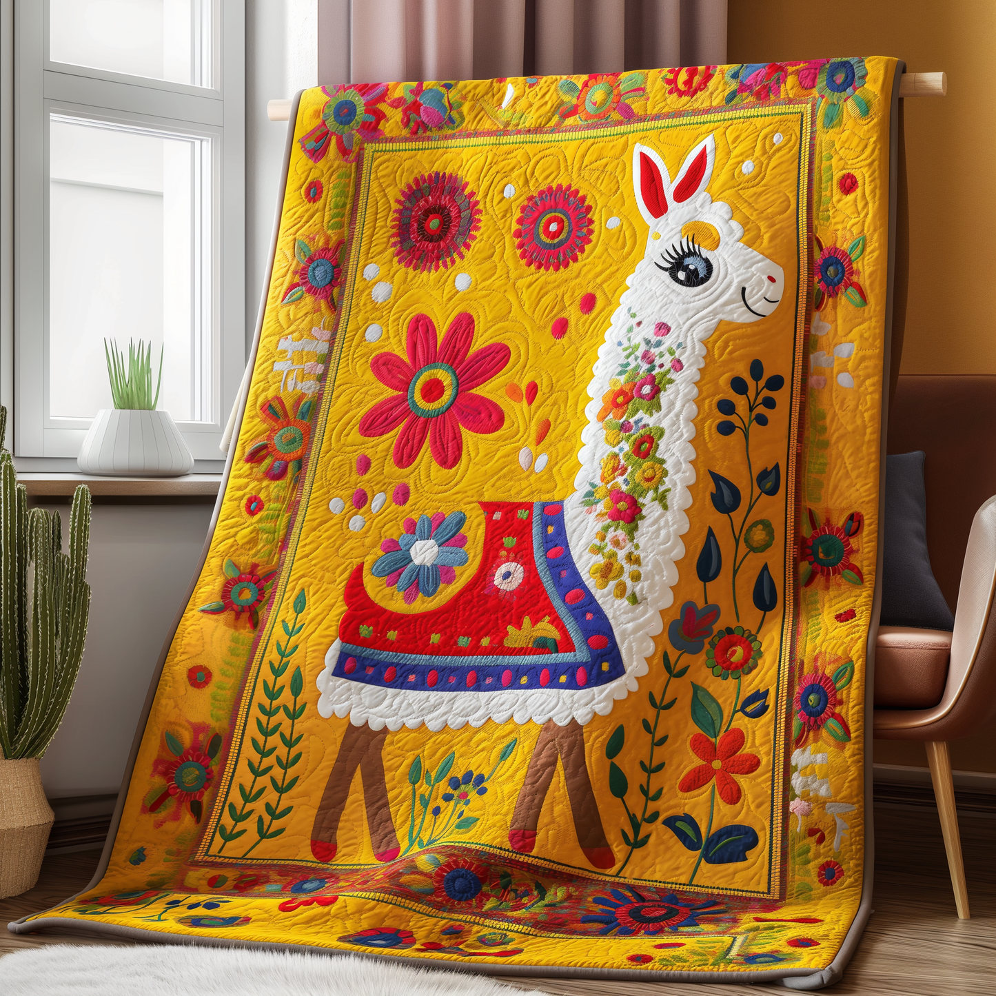 Llama In Bloom Quilted Blanket - Throw (55" x 60")