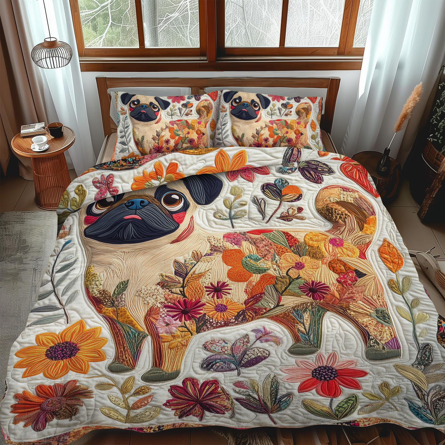 Lovable Pugs 3-Piece Quilted Bedding Set - Single (59" x 70")