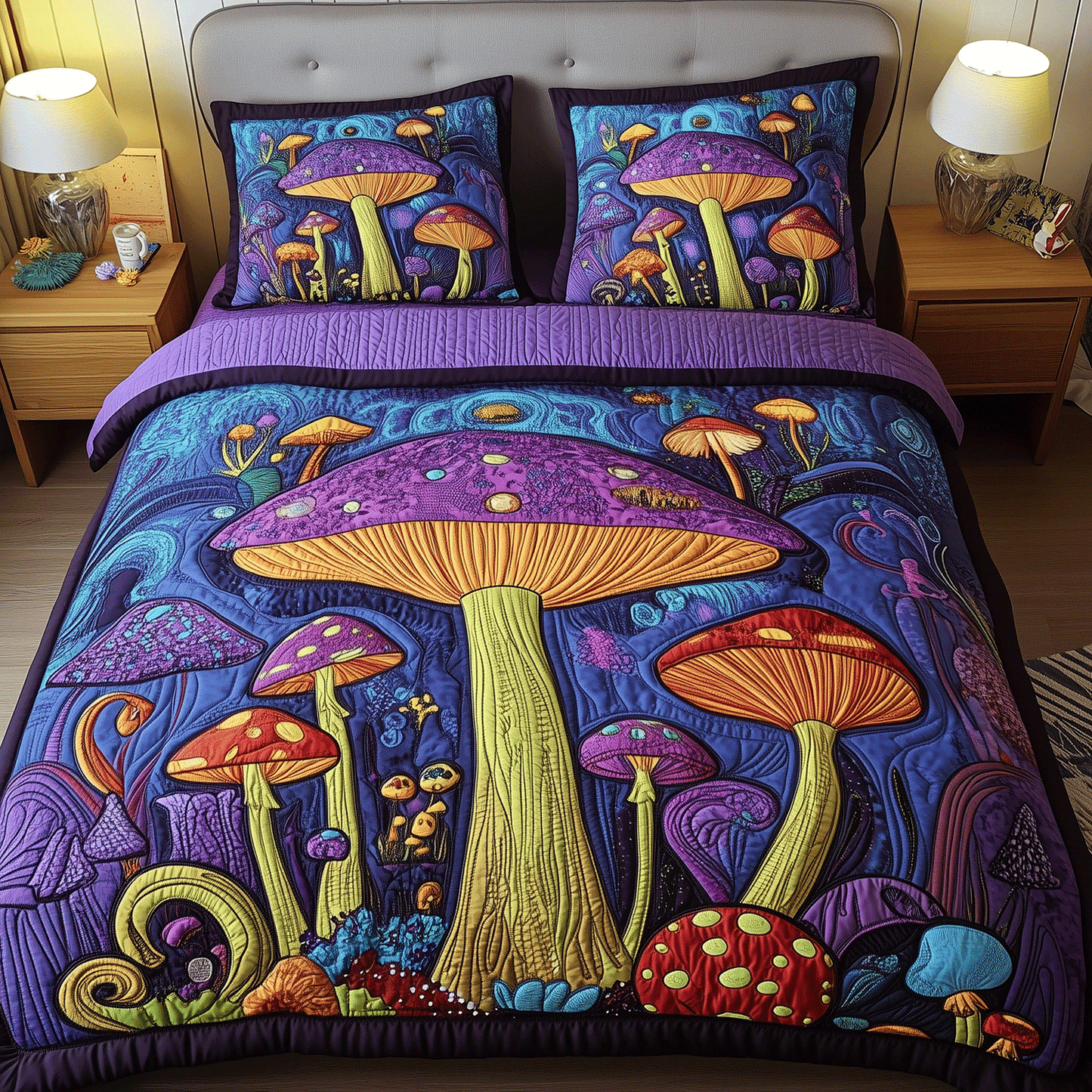 Magical Woodland Mushroom 3-Piece Quilted Bedding Set - Single (59" x 70")