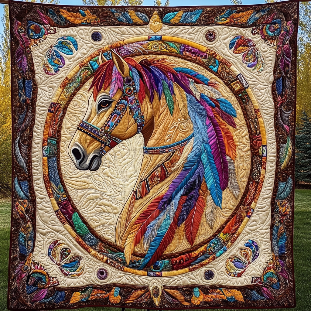 Majestic Feathered Stallion Quilted Blanket - Throw (55" x 60")
