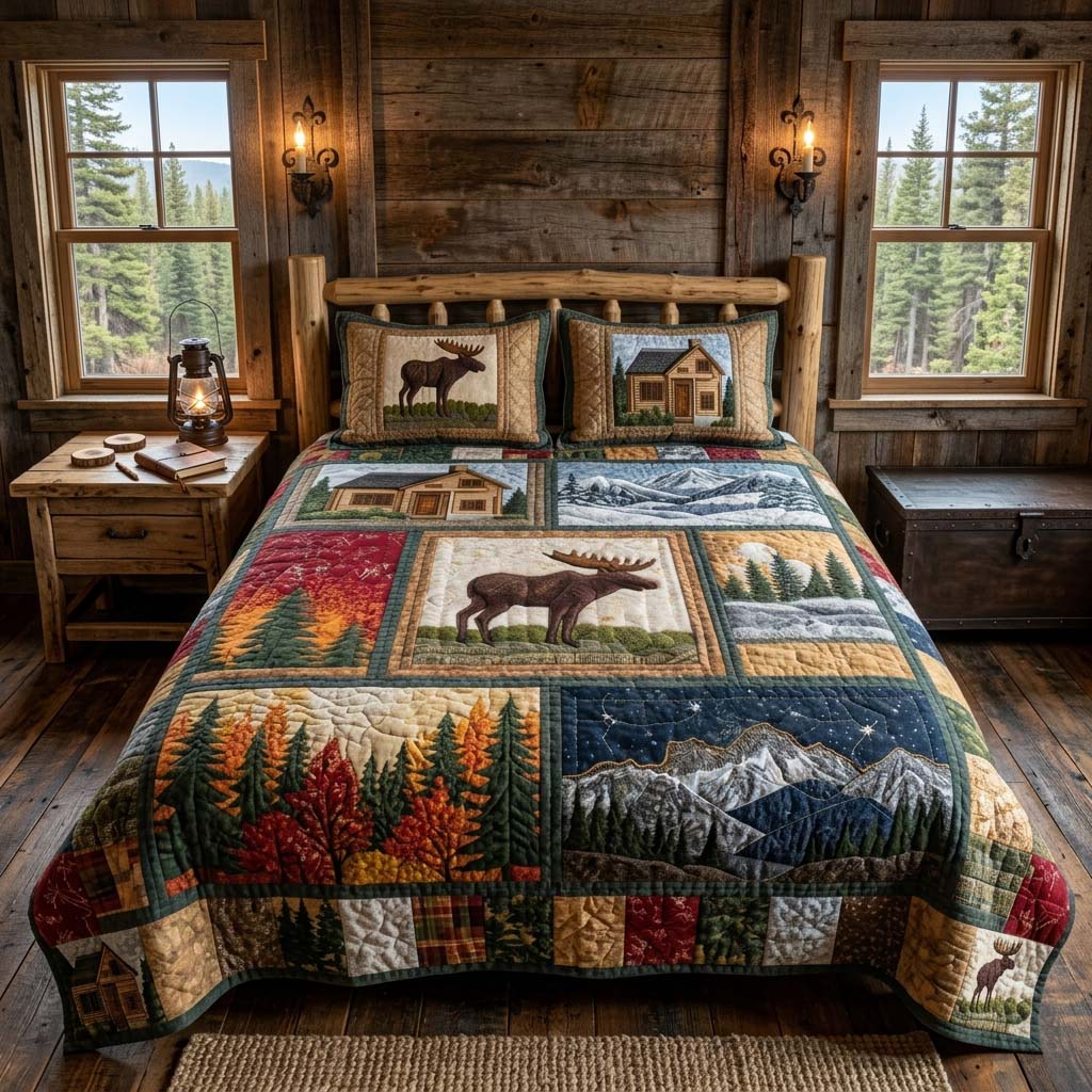 Majestic Moose Cabin 3-Piece Quilted Bedding Set - Single (59" x 70")