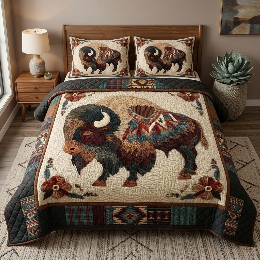 Majestic Nomad Bison 3-Piece Quilted Bedding Set - Single (59" x 70")