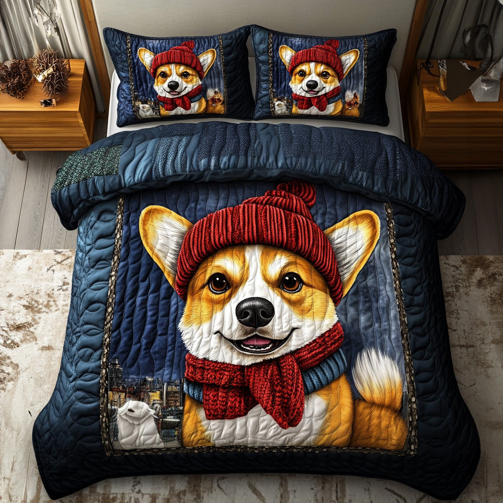 Merry Corgi Dreams 3-Piece Quilted Bedding Set - Single (59" x 70")