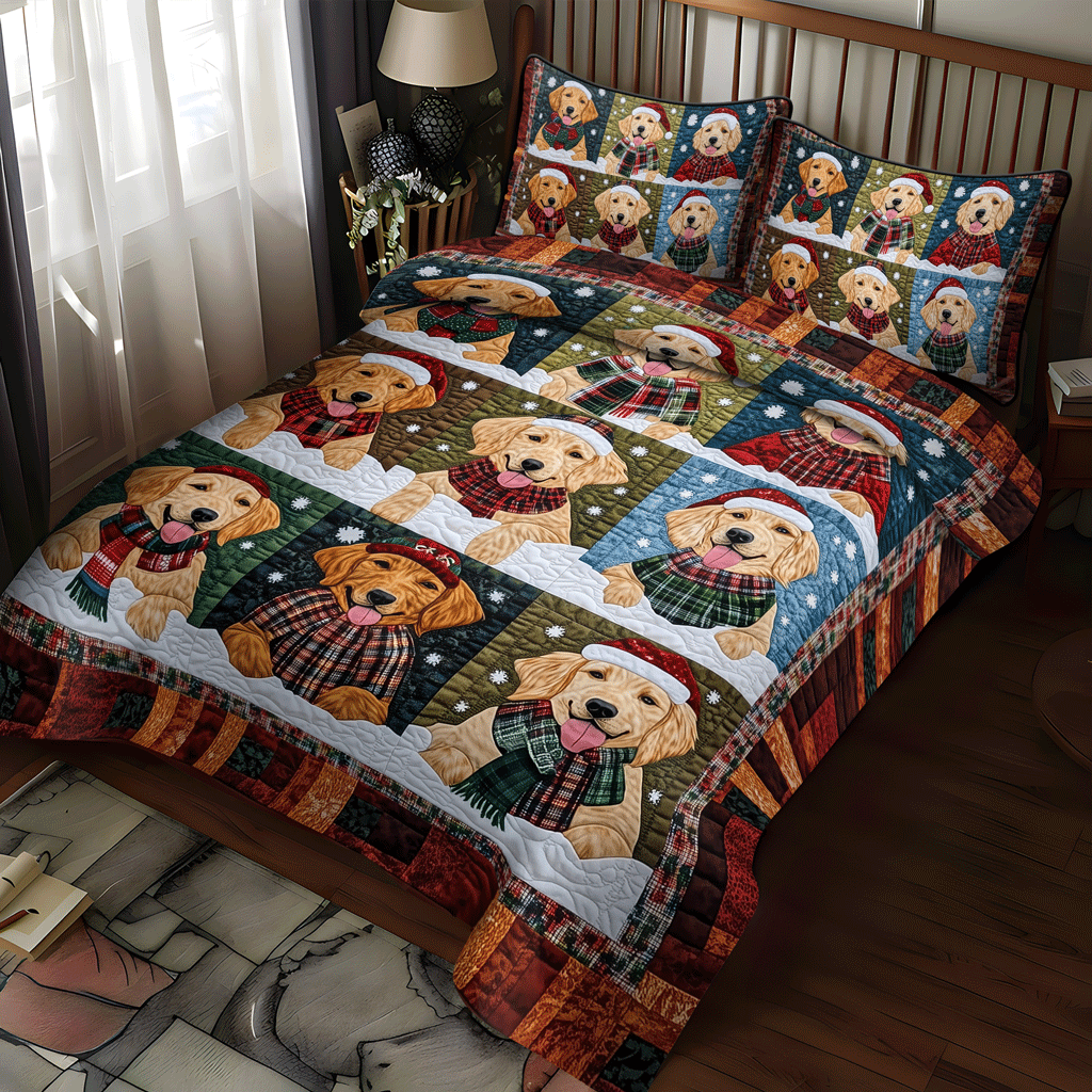 Merry Golden Paws 3-Piece Quilted Bedding Set - Single (59" x 70")