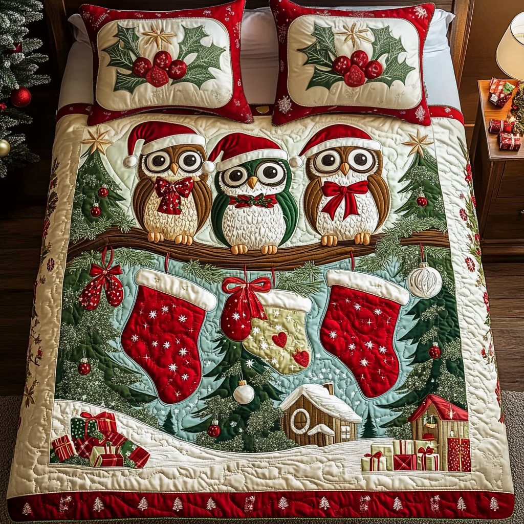 Merry Owls 3-Piece Quilted Bedding Set - Single (59" x 70")