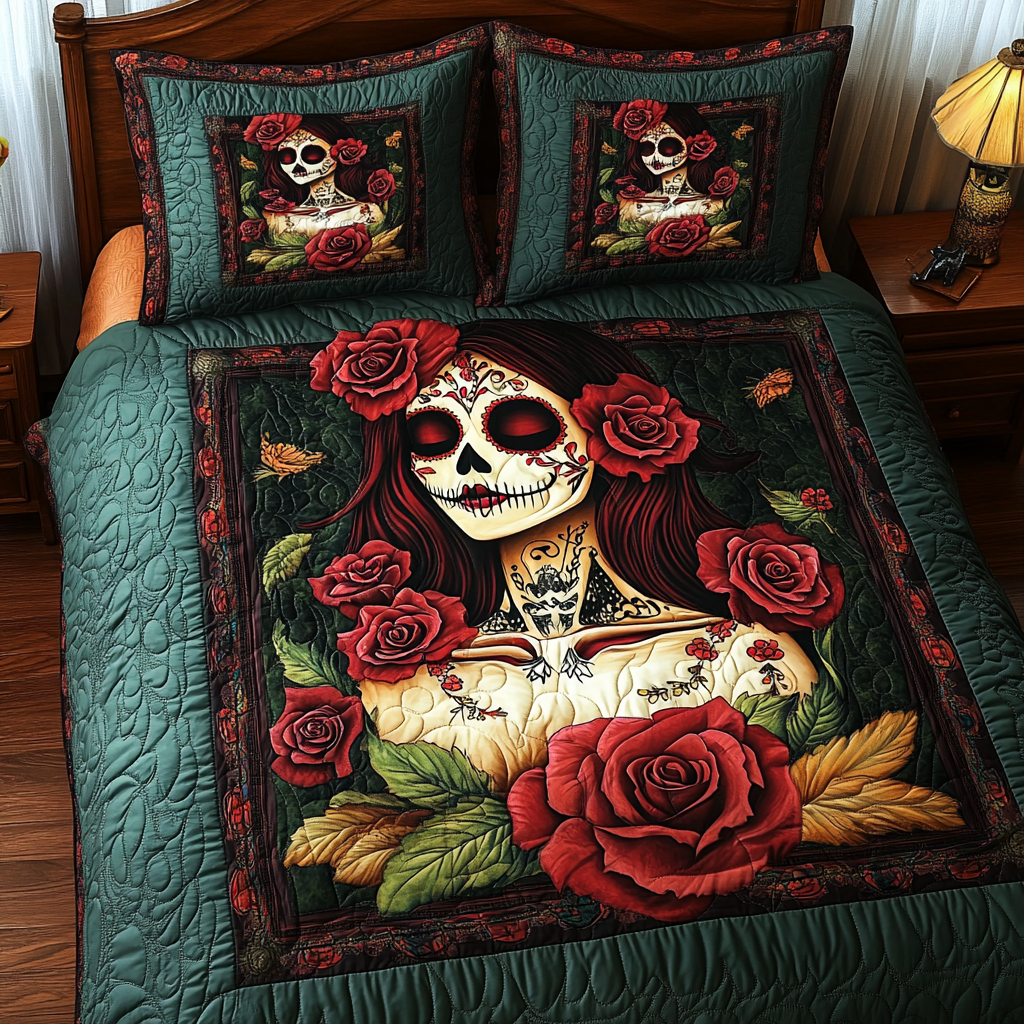 Mexican Heritage Skull 3-Piece Quilted Bedding Set - Single (59" x 70")