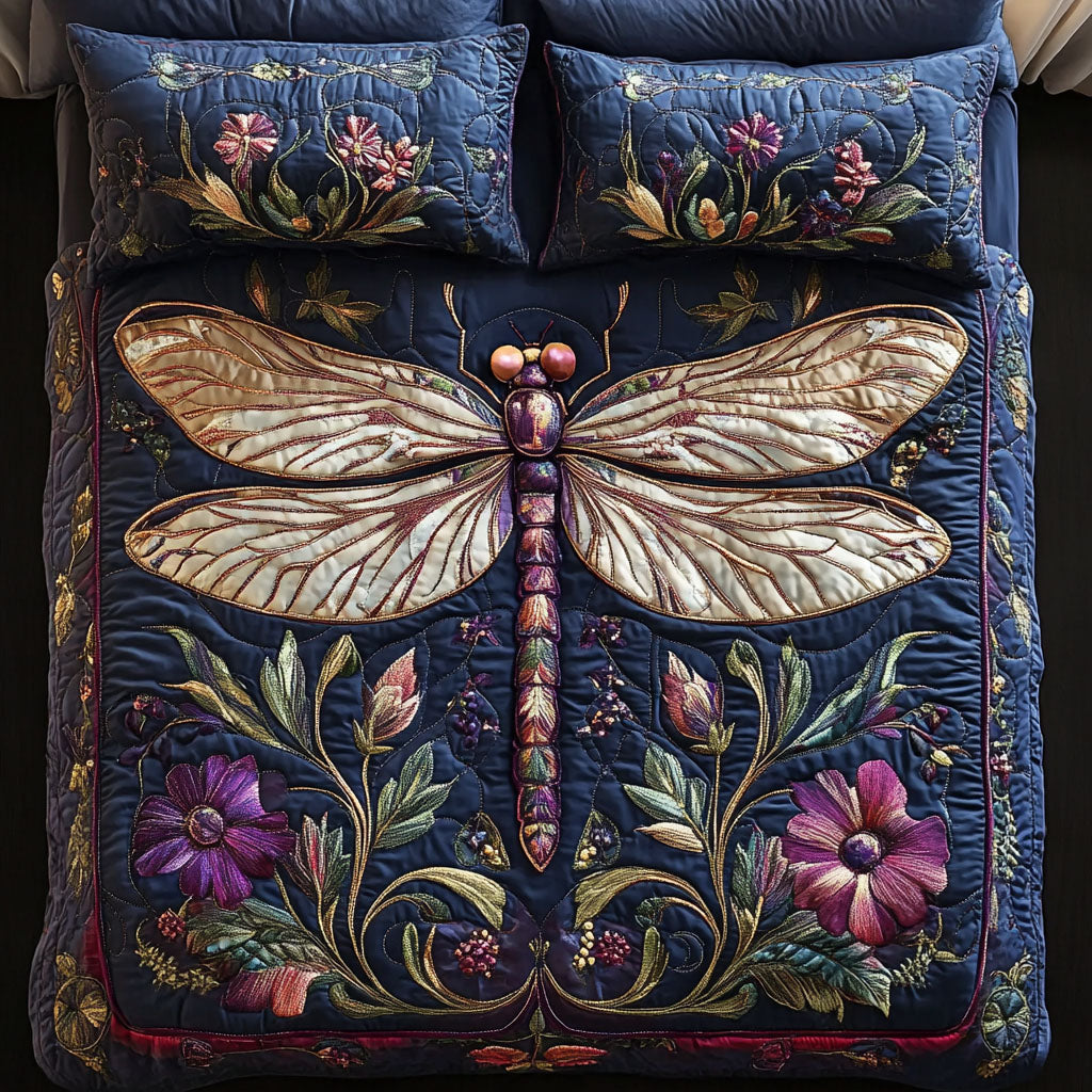 Midnight Dragonfly Elegance 3-Piece Quilted Bedding Set - Single (59" x 70")