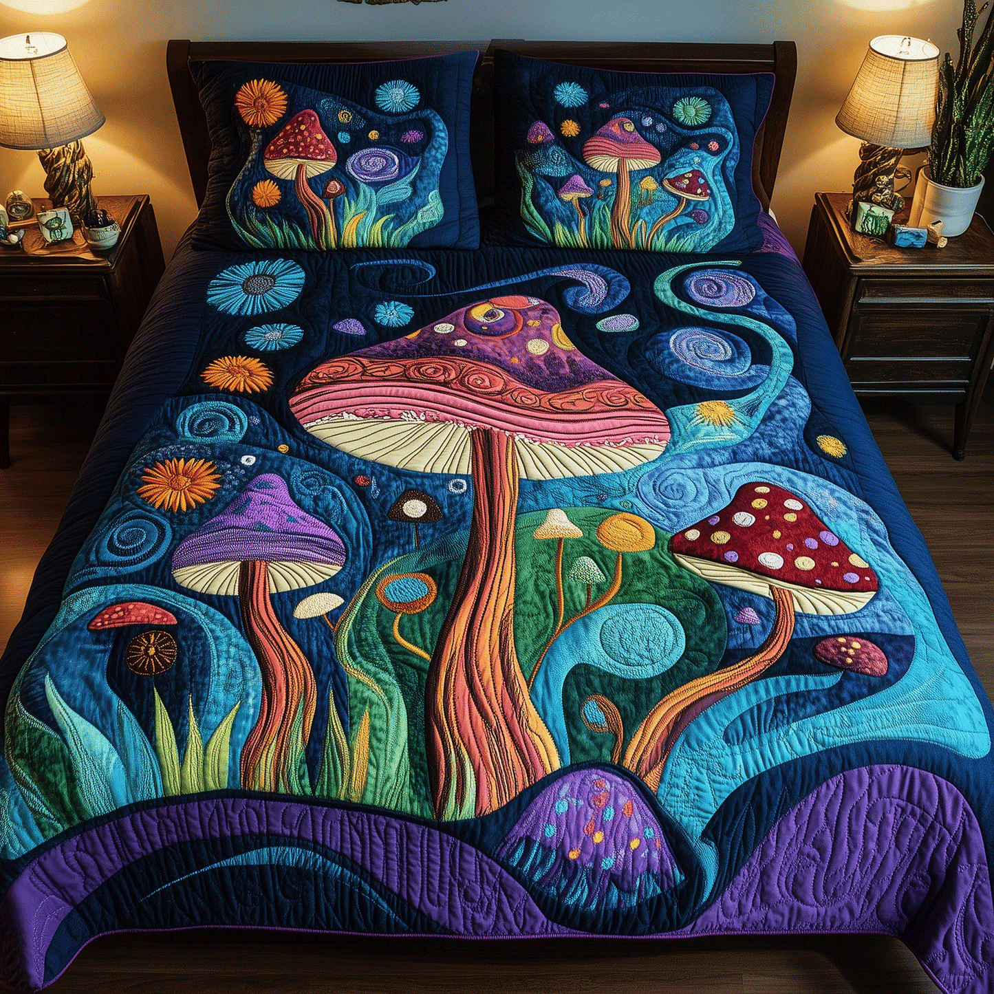 Midnight Mushrooms 3-Piece Quilted Bedding Set - Single (59" x 70")
