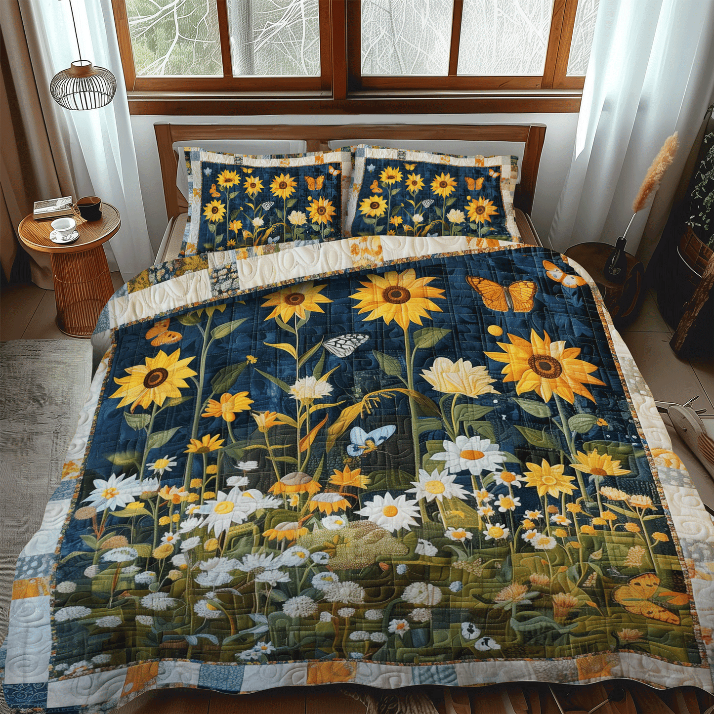Midnight Sunflowers 3-Piece Quilted Bedding Set - Single (59" x 70")