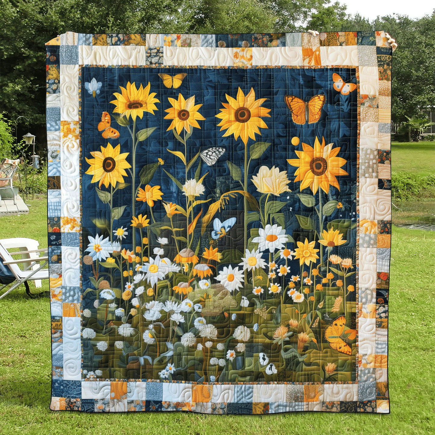 Midnight Sunflowers Quilted Blanket - Throw (55" x 60")