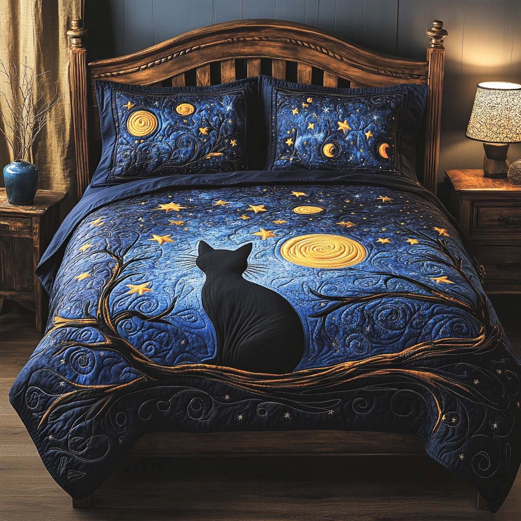 Midnight Cat Magic 3-Piece Quilted Bedding Set - Single (59" x 70")