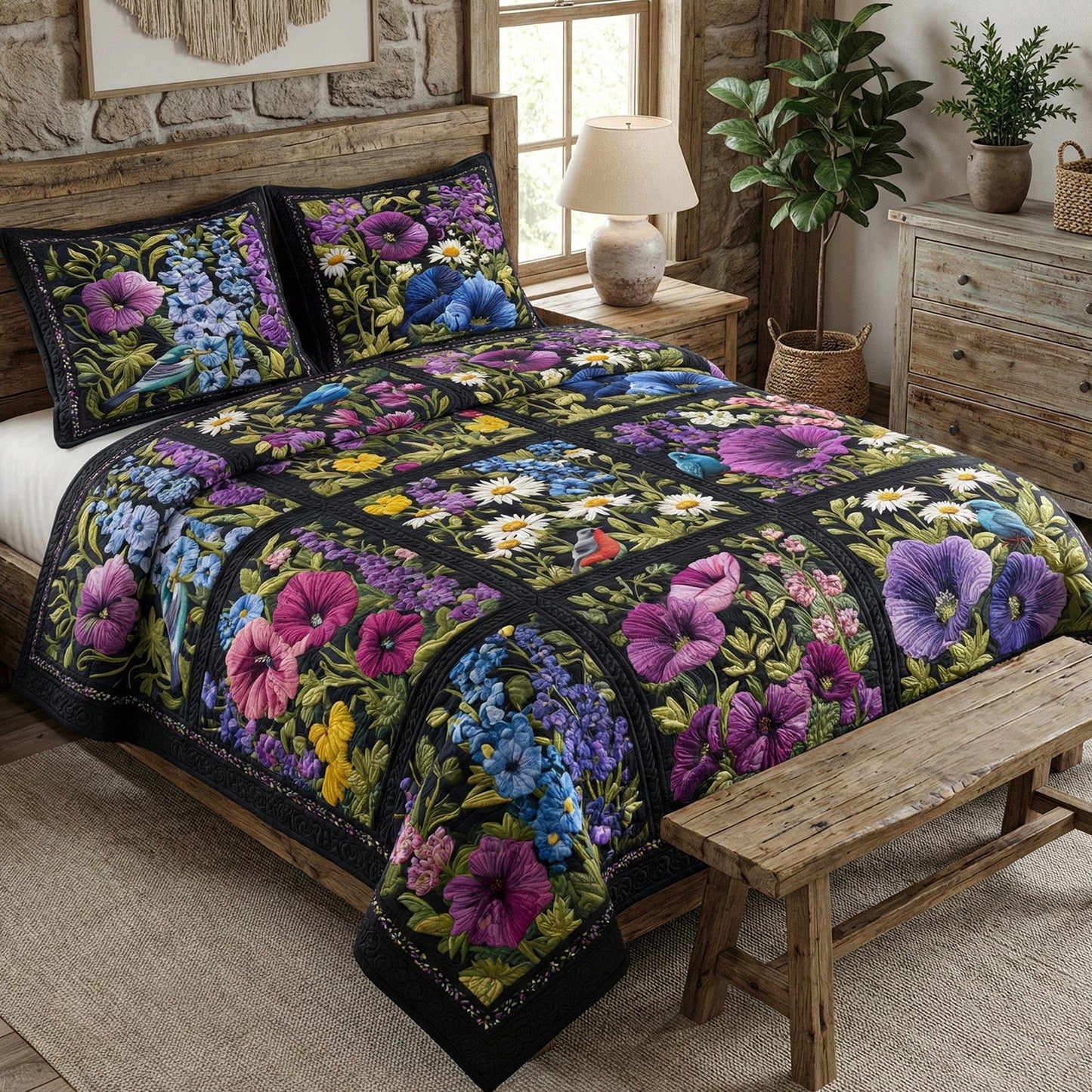 Midnight Garden Bloom 3-Piece Quilted Bedding Set - Single (59" x 70")