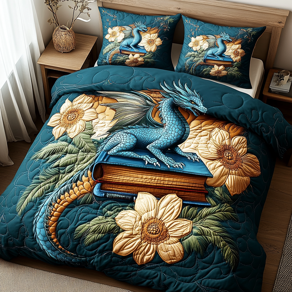 Midnight Petal Dragon 3-Piece Quilted Bedding Set - Single (59" x 70")