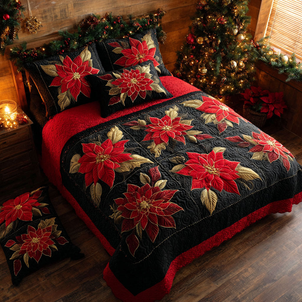 Midnight Poinsettia 3-Piece Quilted Bedding Set - Single (59" x 70")