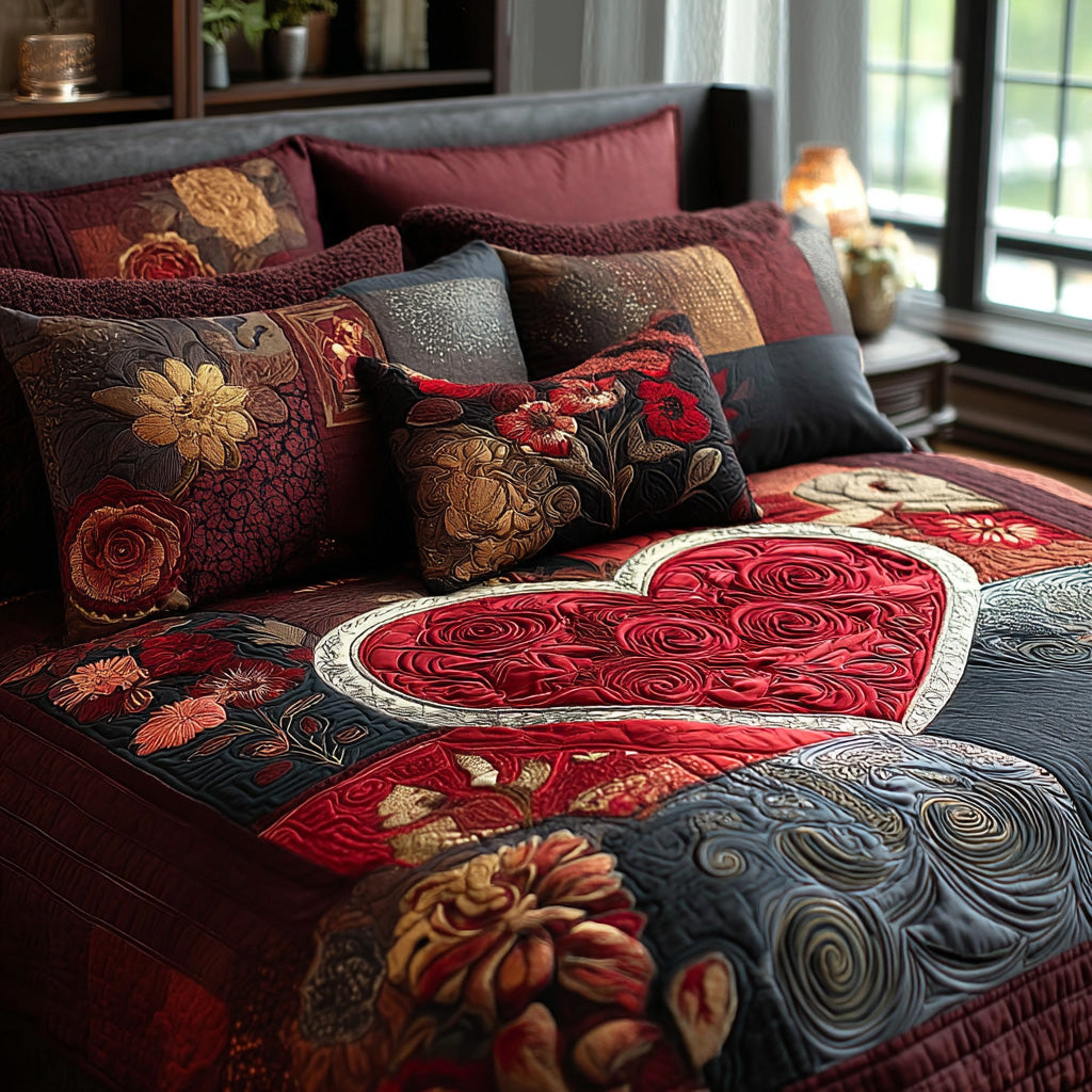 Midnight Rose Embrace 3-Piece Quilted Bedding Set - Single (59" x 70")