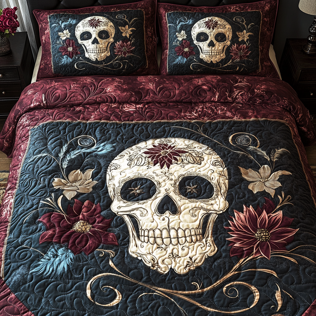 Midnight Skull Bloom 3-Piece Quilted Bedding Set - Single (59" x 70")