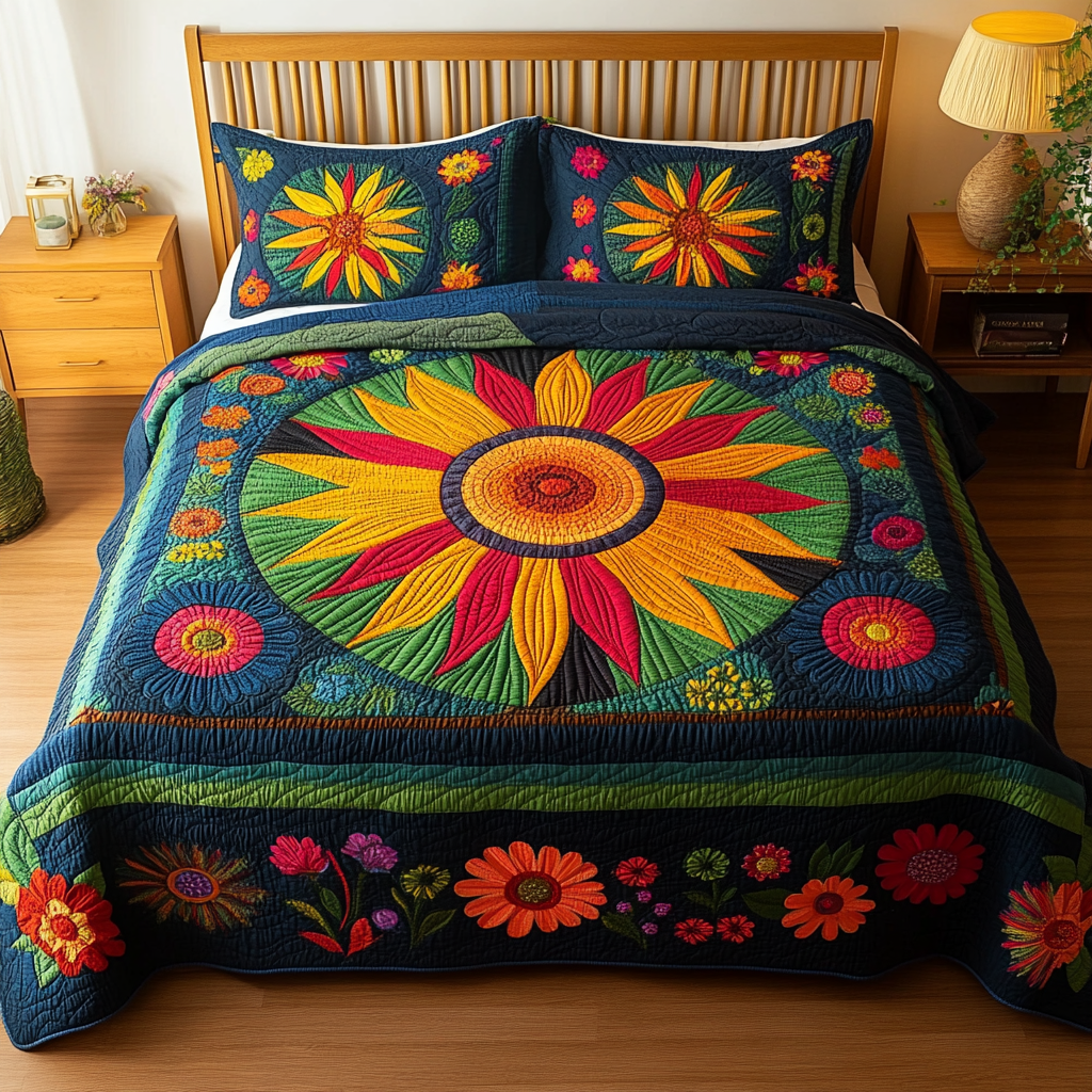 Midnight Sunflower Bliss 3-Piece Quilted Bedding Set - Single (59" x 70")