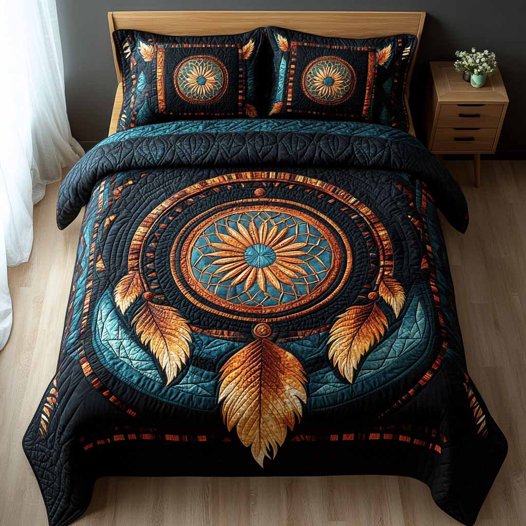 Midnight Turquoise Dreamcatcher 3-Piece Quilted Bedding Set - Single (59" x 70")