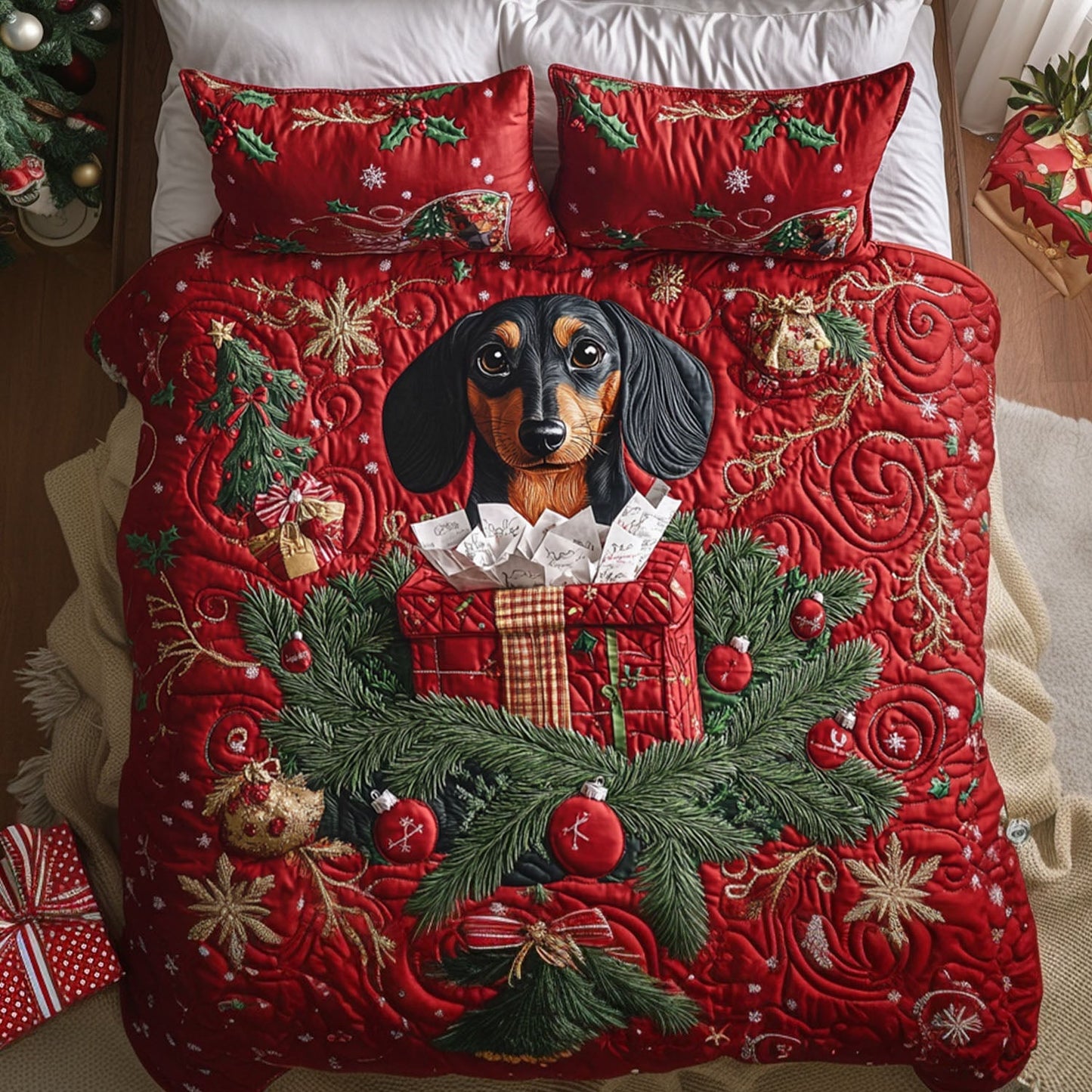 Mistletoe Dachshund 3-Piece Quilted Bedding Set - Single (59" x 70")