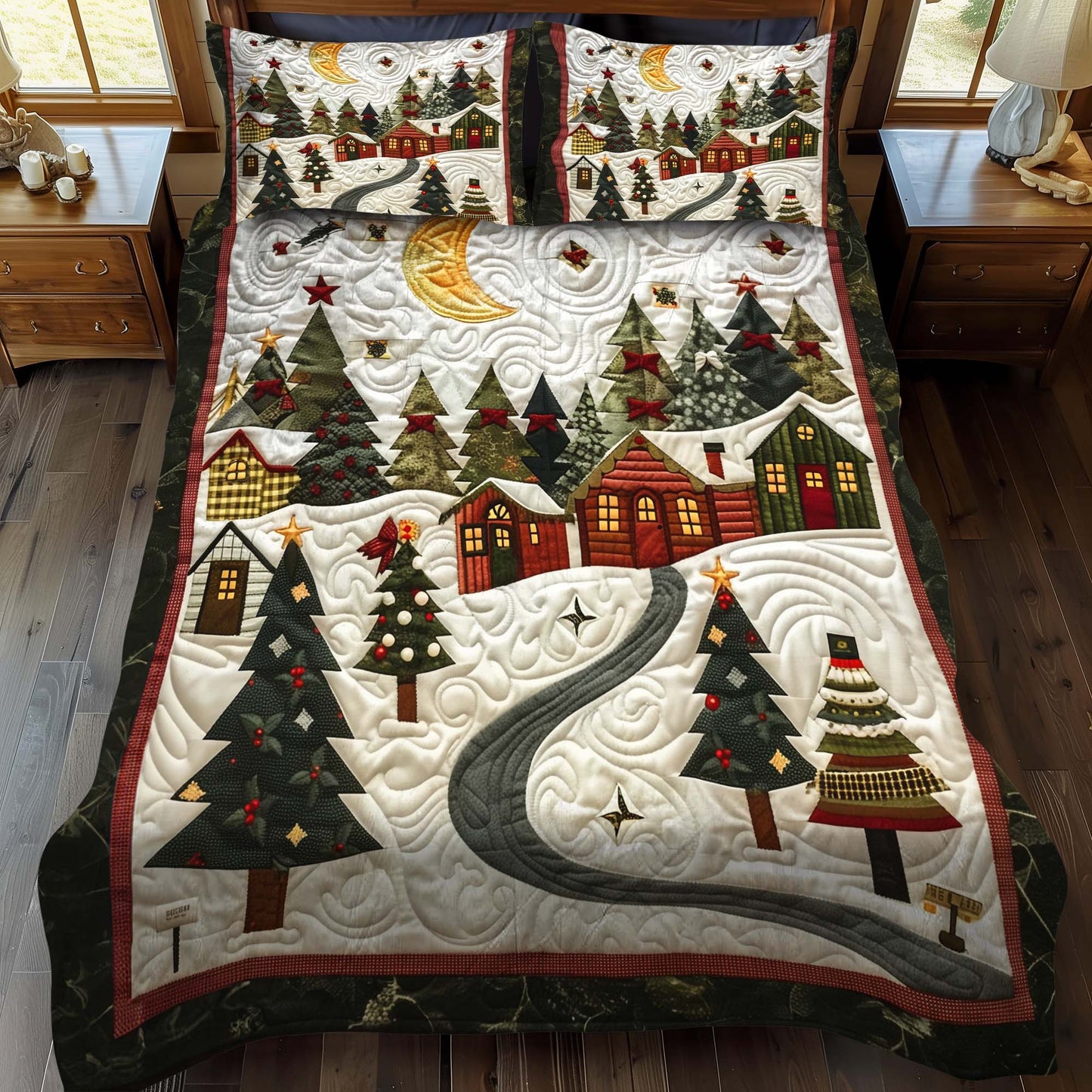 Moonlit Christmas Village 3-Piece Quilted Bedding Set - Single (59" x 70")
