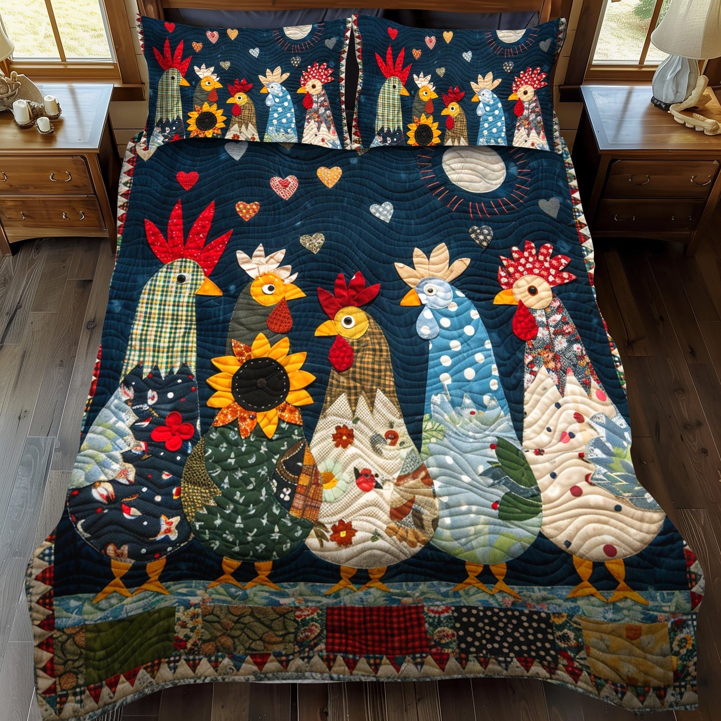 Moonlit Roosters 3-Piece Quilted Bedding Set - Single (59" x 70")