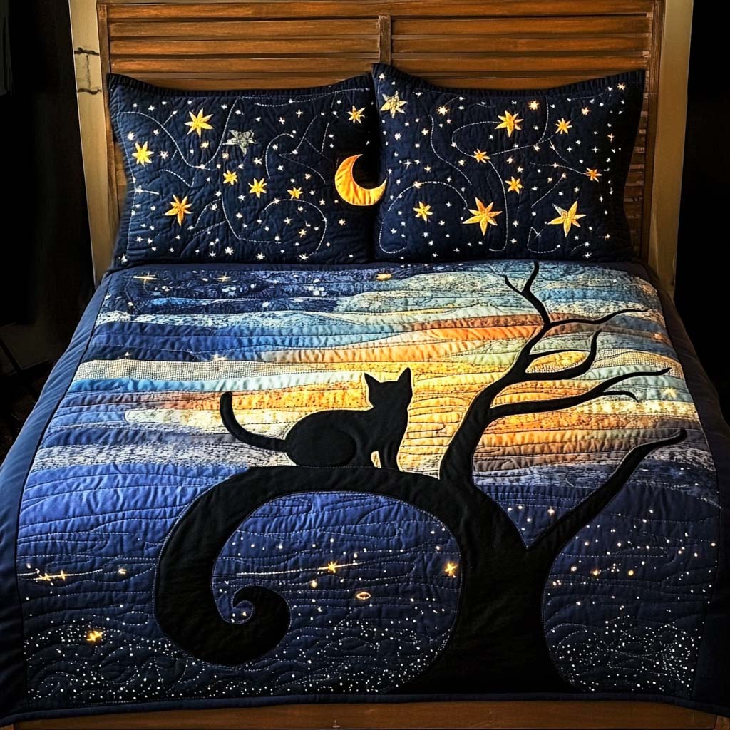 Moonlit Black Cat 3-Piece Quilted Bedding Set - Single (59" x 70")