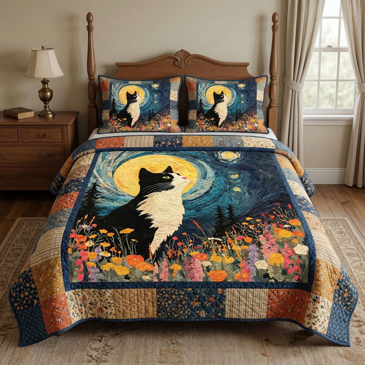 Moonlit Cat Meadow 3-Piece Quilted Bedding Set - Single (59" x 70")