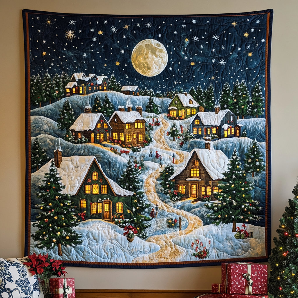 Moonlit Village Quilted Blanket - Throw (55" x 60")