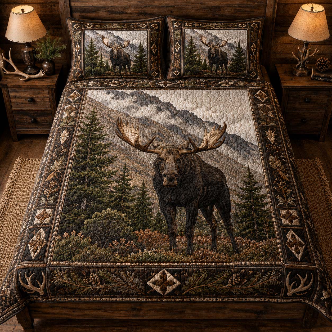 Mountain Moose 3-Piece Quilted Bedding Set - Single (59" x 70")