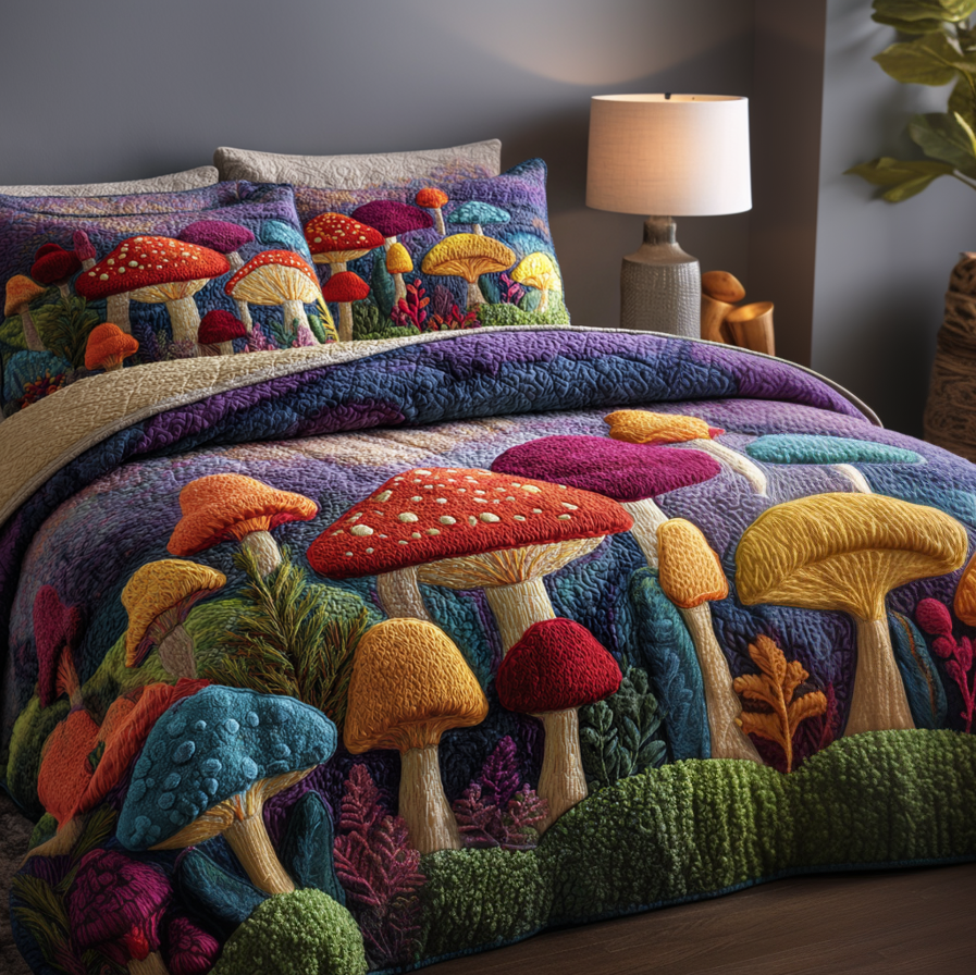 Mushroom Magic 3-Piece Quilted Bedding Set - Single (59" x 70")