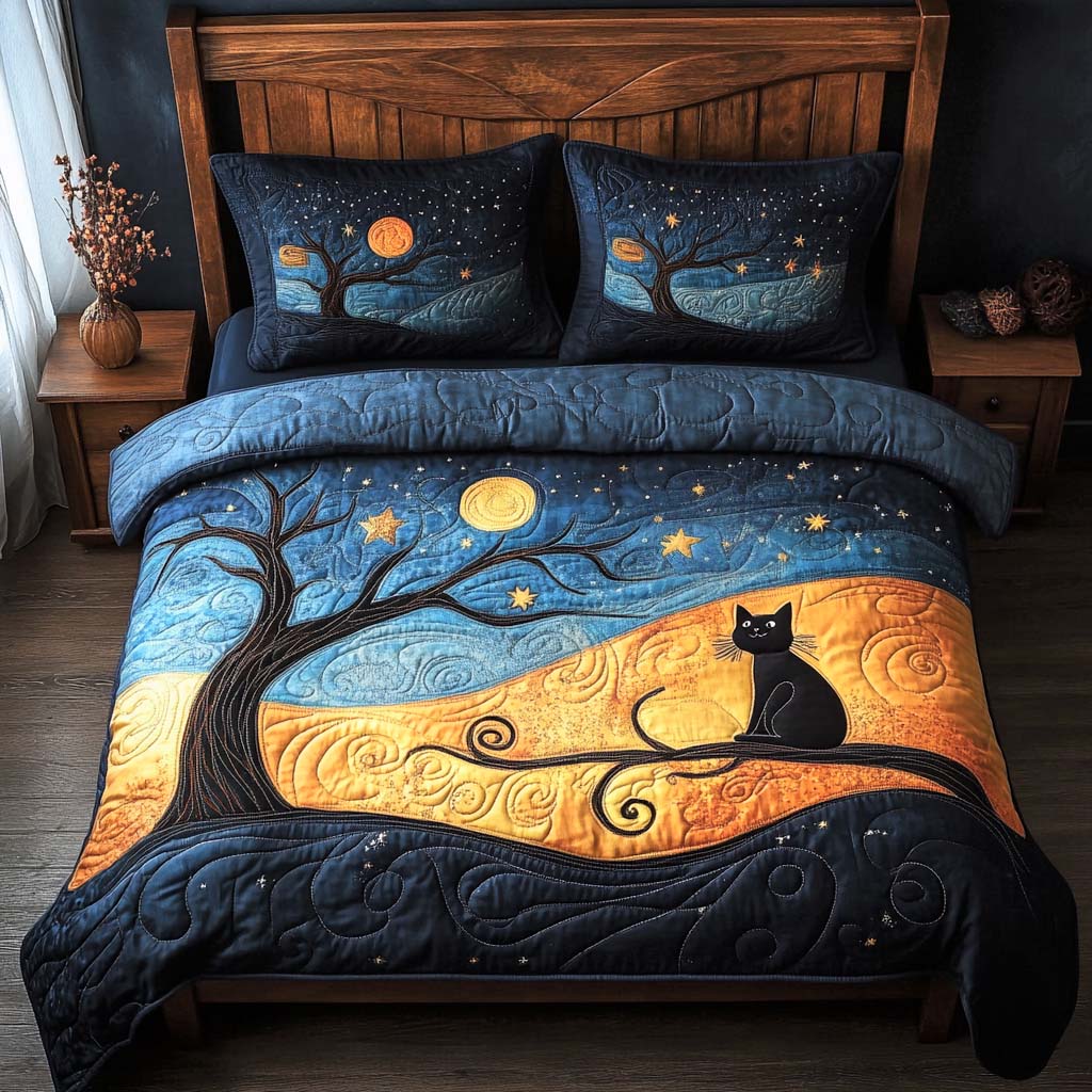 Mystic Midnight Cat 3-Piece Quilted Bedding Set - Single (59" x 70")