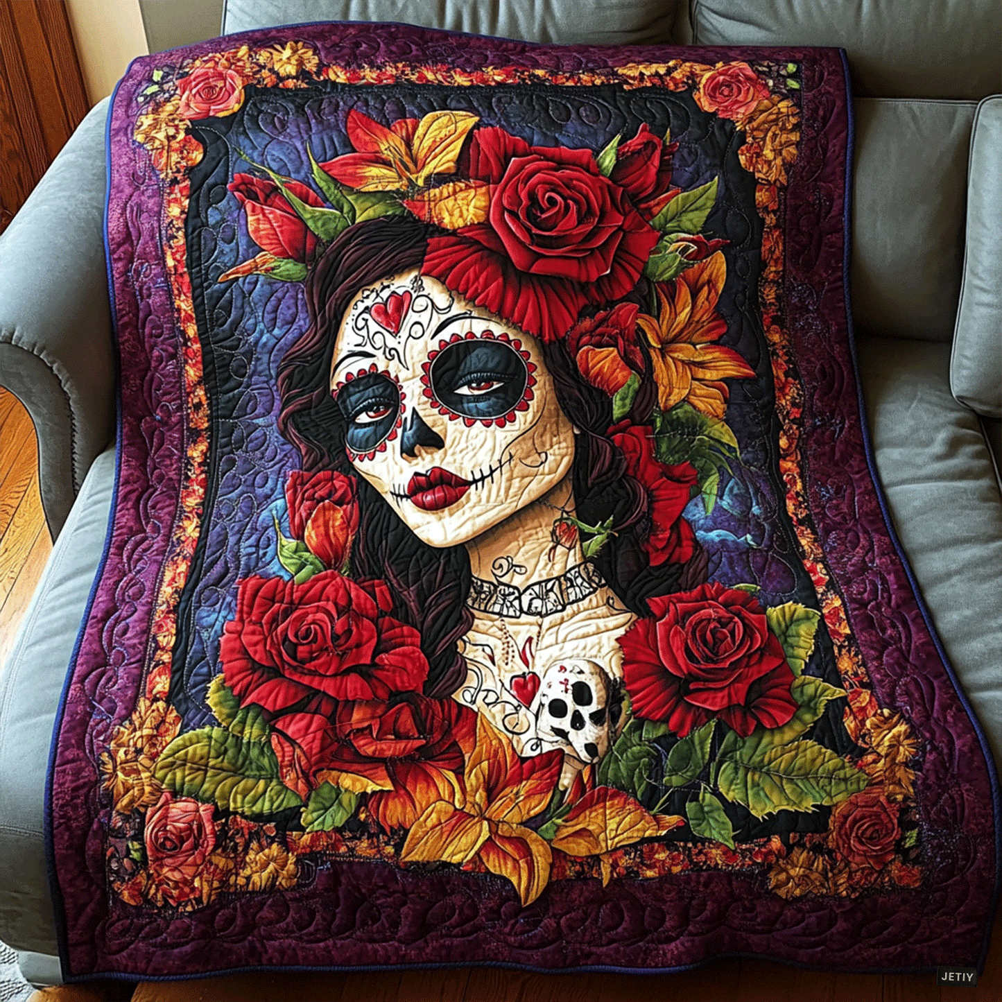 Mystical Floral Skull Quilted Blanket - Throw (55" x 60")
